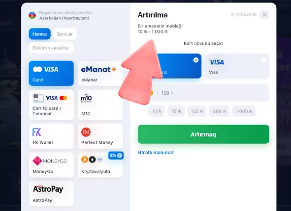 Bank metodunu seçin: Sizin üçün ən rahat olan ödəniş metodunu seçin.